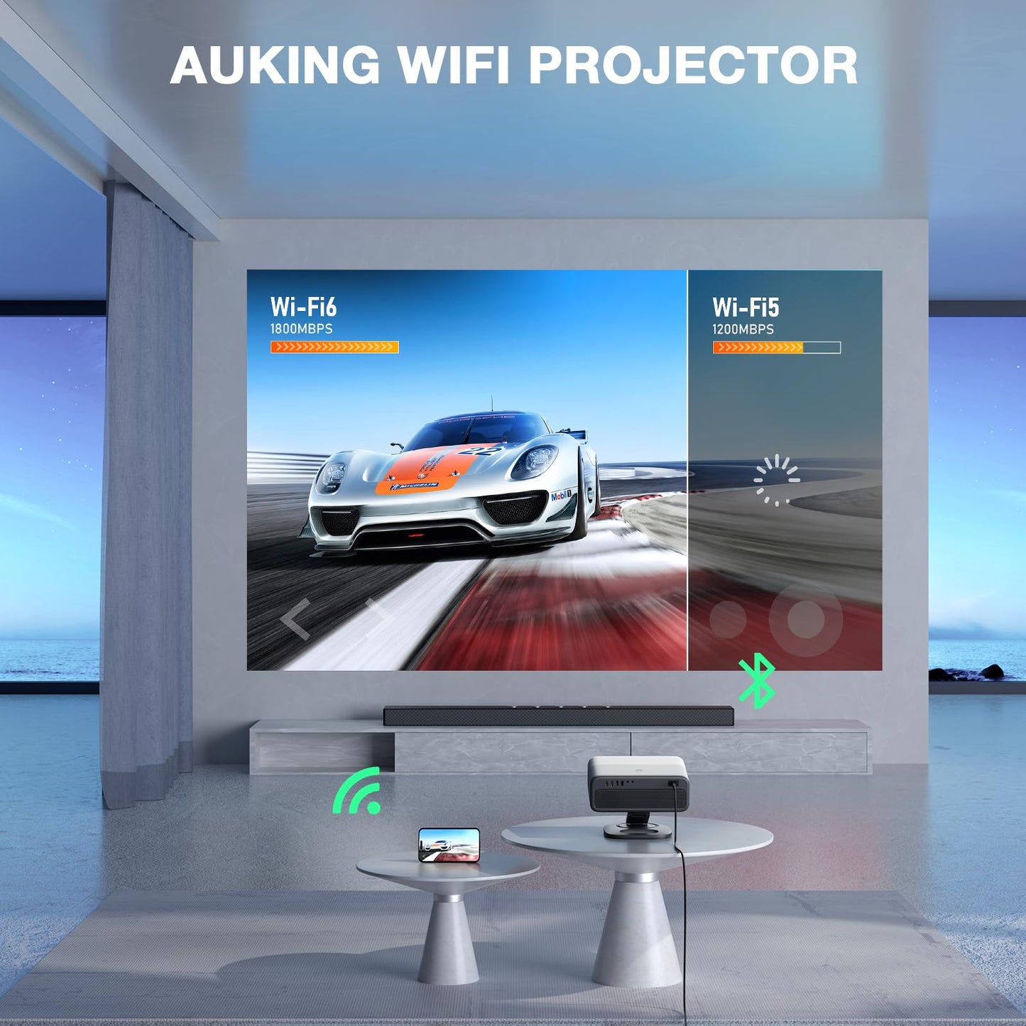 [Compatible with Netflix] Projector with WiFi and Bluetooth,3D Dolby Audio and Auto Focus Smart Projector, AuKing Outdoor Movie Home Theater Proyector with Omni-Adjustable Stand