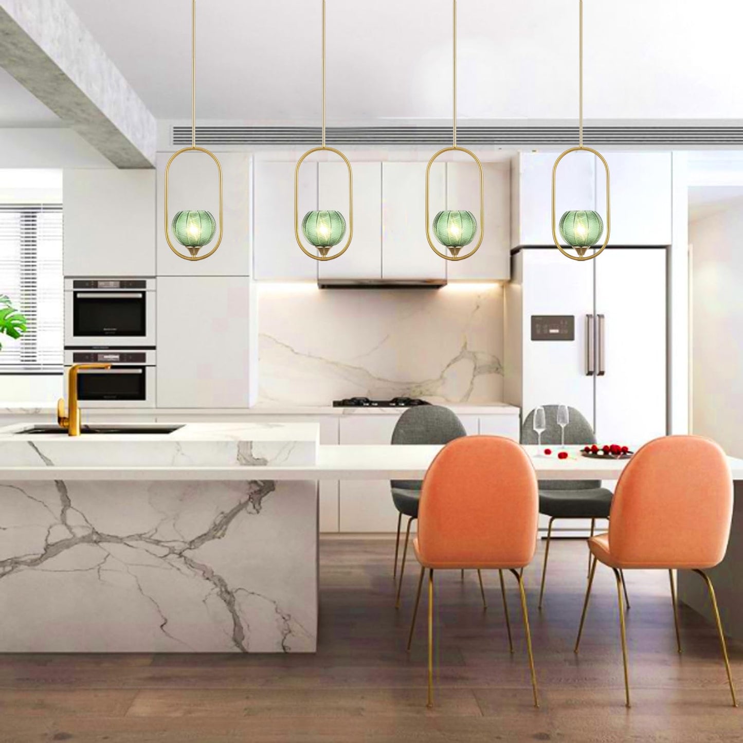 Byoliima Modern Gold Globe Pendant Light With Green Globe Glass Lampshade Mid Century Chandelier 1-Light Brushed Brass Frame Ceiling Hanging Lighting Fixture For Kitchen Island Dining Room Bedroom