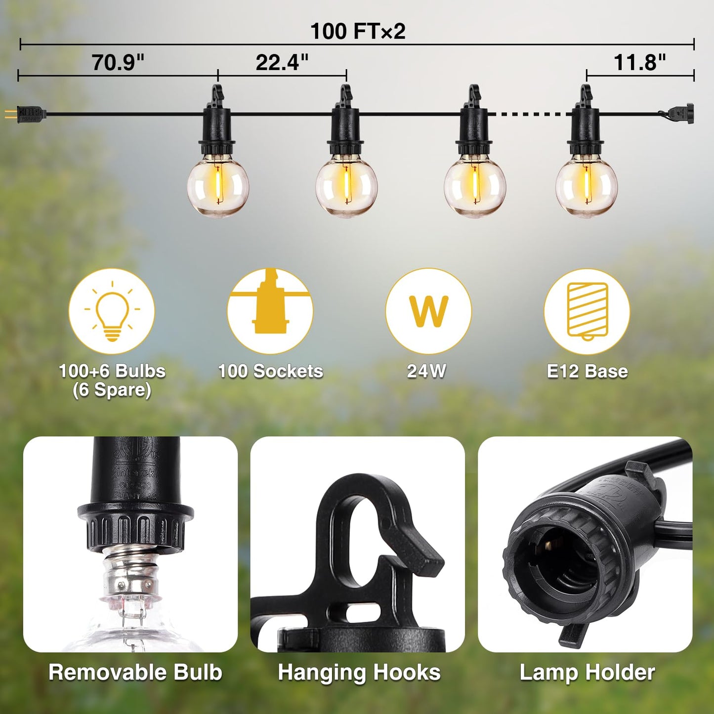 ZJOJO Outdoor String Lights, G40 Globe, 100 LED Bulbs, 200FT, Black, IP65 Waterproof, Model GYPC-O50LAU