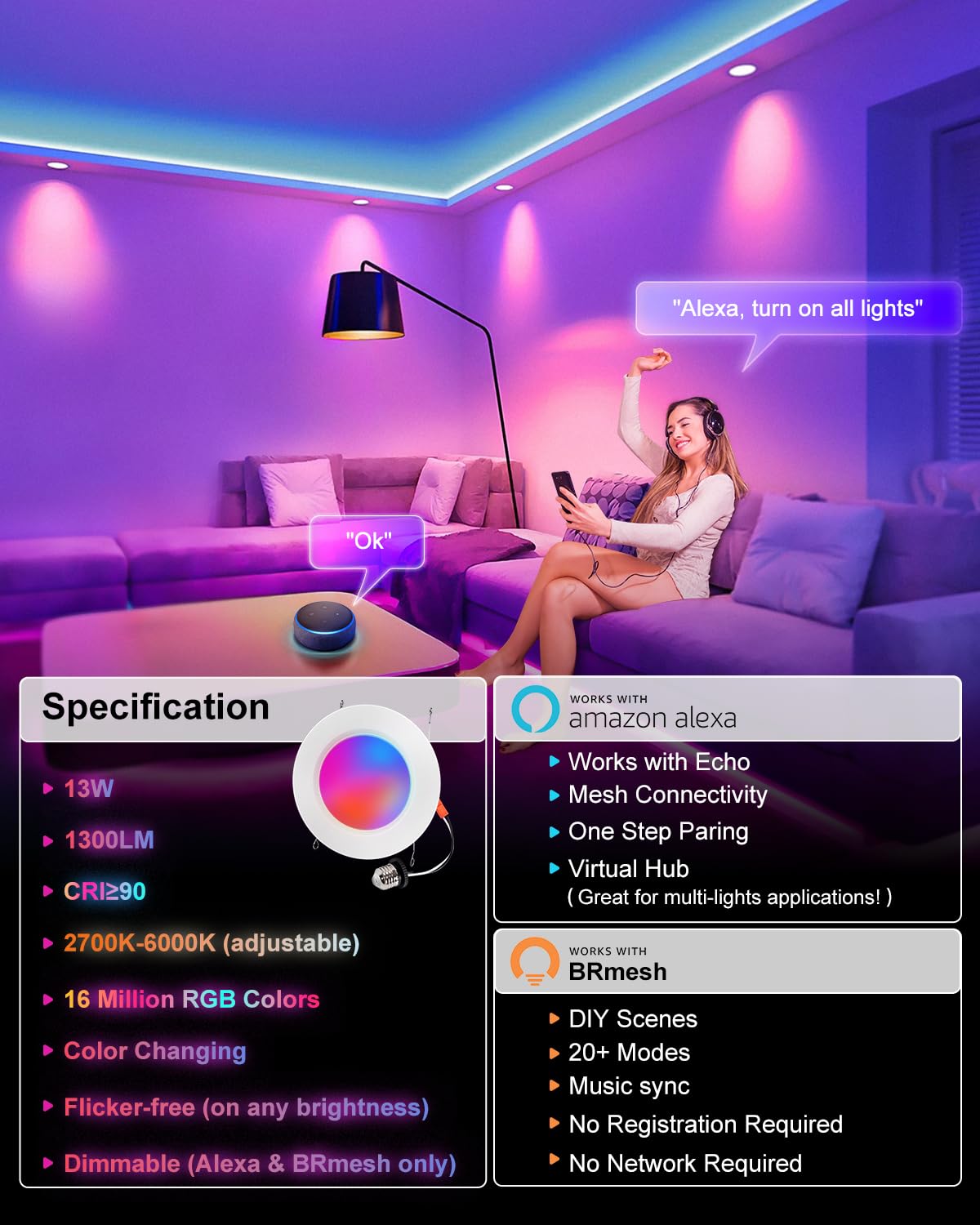 Varicart Smart Recessed Lighting 6 Inch  Rgbcw Color Changing Smart Can Light Bluetooth Connect  Flicker Free  13W 1300Lm  Dimmable Retrofit Downlight Works With Alexa Voice & App Control  Etl  6 Pack