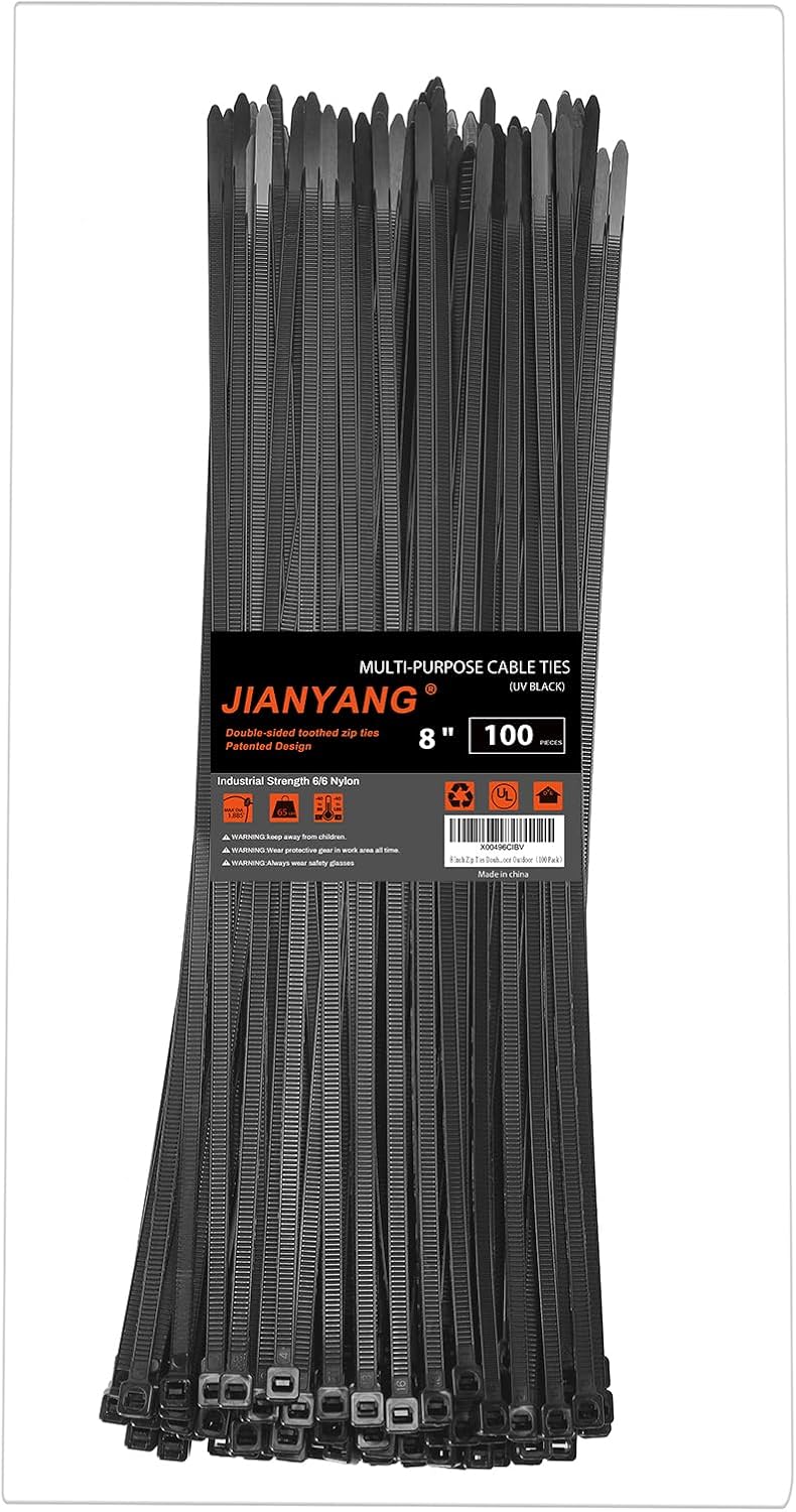 8 Inch Zip Ties Double Sided Toothed,65LBS Tensile Strength Heavy Duty Cable Wire Ties With Self-Locking Adjustable More Durable Nylon Tie Wraps for Indoor Outdoor（100 Pack）