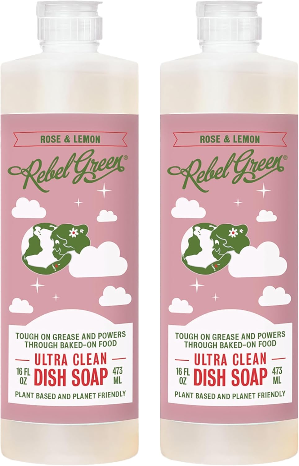 Rebel Green Super Deluxe Dish Soap - Natural Dishwashing Soap - Liquid Dish Detergent - Sustainable Dish Liquid Scented with Rose & Lemon - (16 oz Bottles, 2 Pack)