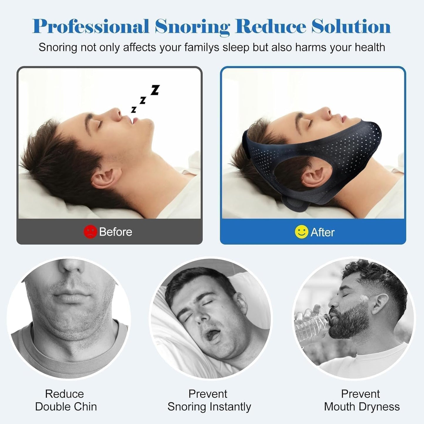 Anti Snore Chin Strap for Sleeping - Airflow Jaw Strap Adjustable & Comfortable - Effective Anti Snoring Devices- Stop Snoring Solution for Men & Women, Breathable and Reusable (Black)
