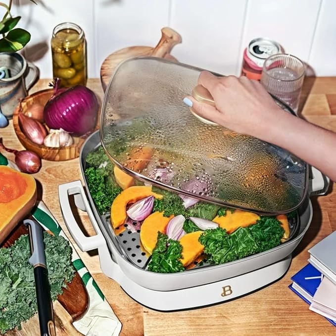 Beautiful 5-in-1 Electric Skillet 7QT, Cast Aluminum Extender, Nonstick, 1500W, Dishwasher-Safe Lid, Slow Cook, Steam (White Icing)