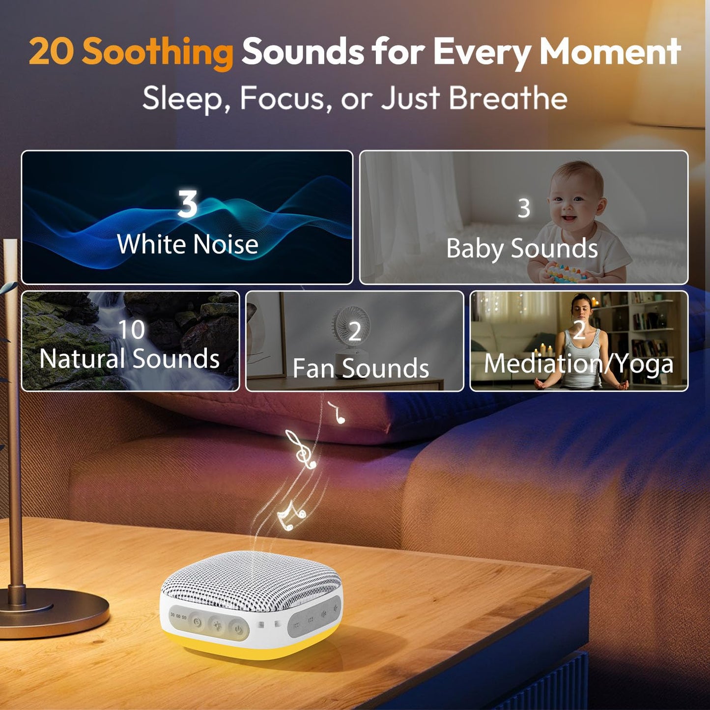 White Noise Sound Machine for Sleeping Adults – with Amber Breathing Night Light, Headphone Jack, 20 Non-Looping Sounds, 52-Hour Battery, Timer & Memory (White)