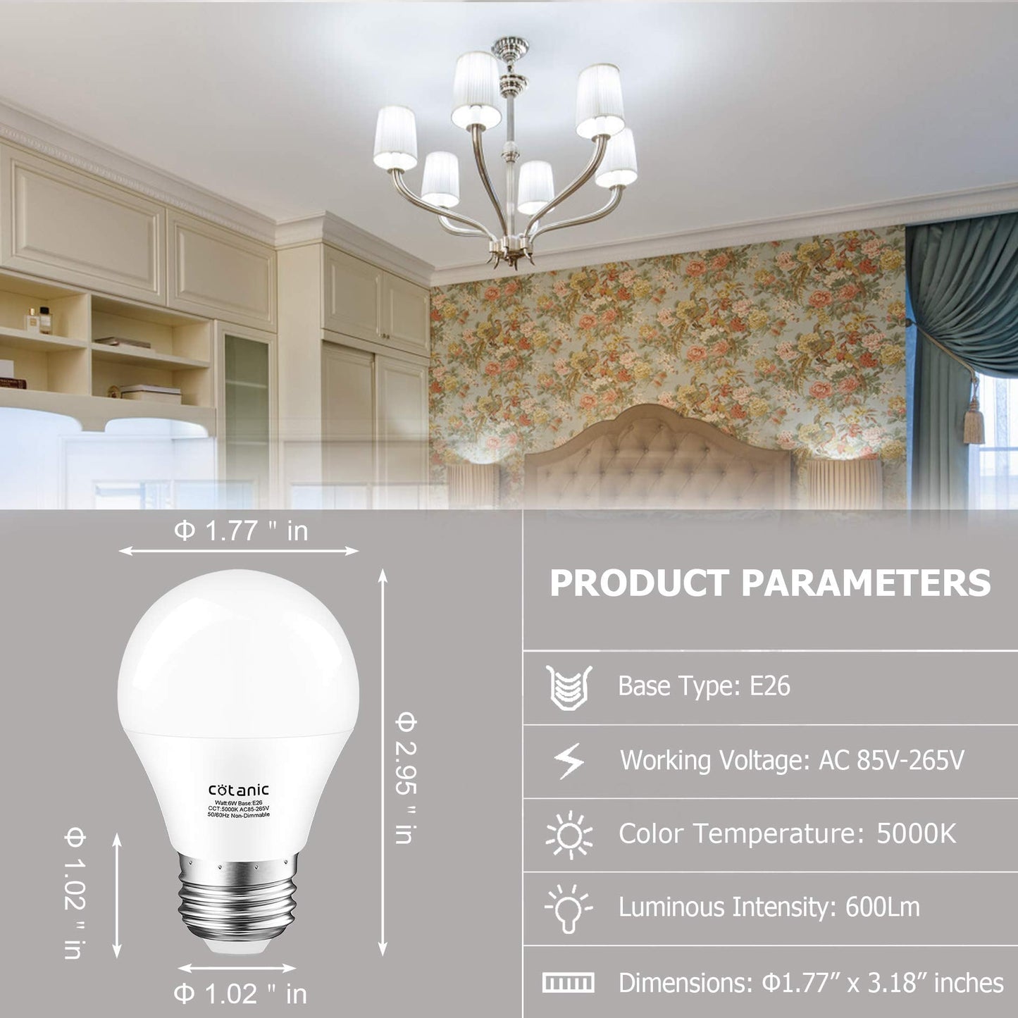 Cotanic A15 LED Ceiling Fan Light Bulb 5000K Daylight 6W (60W Equivalent) - 600lm, Non-Dimmable, 6 Count