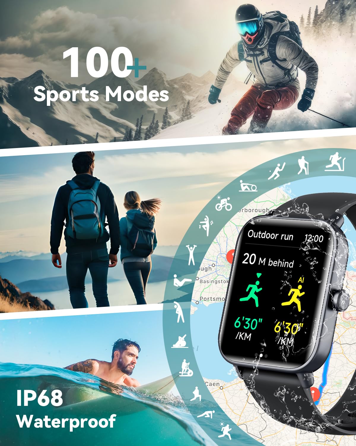 Smart Watches for Women/Men, Smart Watch for Android Phones and iPhone Compatible, Alexa Built-in, 1.8" Fitness Watches for Women, IP68 Waterproof/Bluetooth Call, Heart Rate/Sleep Monitor, Black