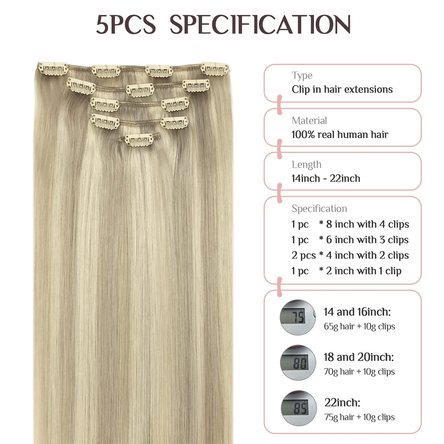 MAXITA Hair Extensions Clip in Human Hair, 80g 5pcs Ash Blonde Highlighted Platinum Blonde 18 Inch, Clip in Real Human Hair Remy