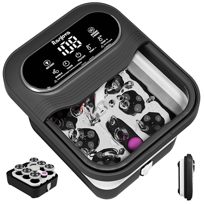 Ranjova Collapsible Foot Spa Electric Rotary Massage, Foot Bath with Heat, Bubble,Temp Control, and 24 Motorized Shiatsu M...
