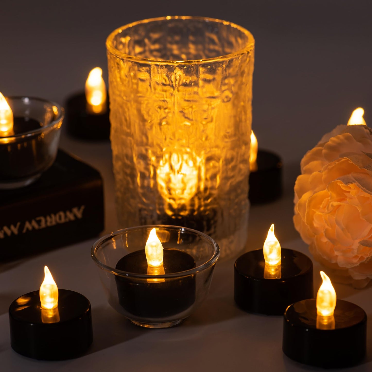 Pandaing Lasts 2X Longer Black Flameless Tealight Candles, 100 Pack, Batteries Included, Realistic Tea Lights Candles, Flickering Bright Tealights, Battery Operated Candles for Halloween Decorations