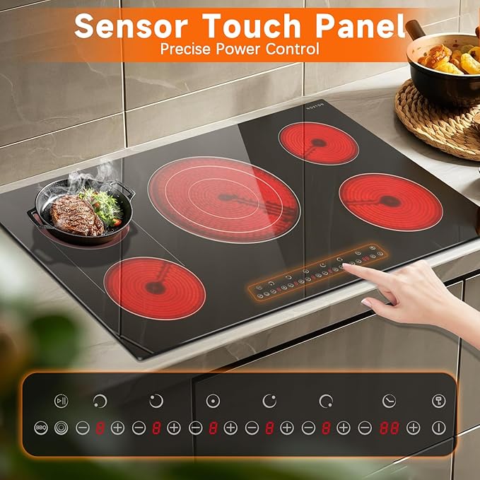 Noxton 36 Inch Electric Cooktop 5 Burners, 9600W Built-in Electric Stove Top, Flexible Bridge & Triple Elements, Pause, Timer, Child Safety Lock,Touch Control Ceramic Cooktop for 220-240V Hard Wire
