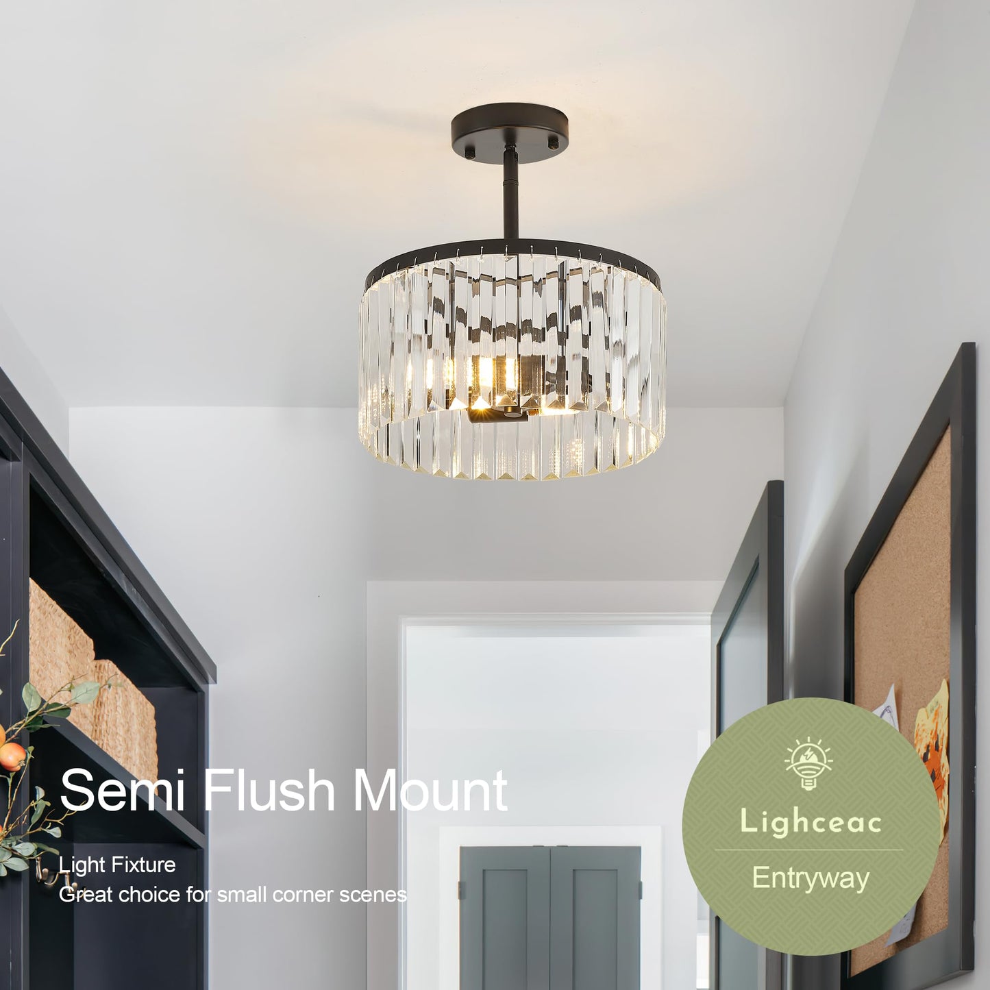 Lighceac Modern 12 Black Semi Flush Mount Crystal Ceiling Light Fixtures For Dining Room stylish Glam 2-Light Small Chandeliers Lighting For Bedroom Entryway Hallway Living Room Kitchen Island Foyer
