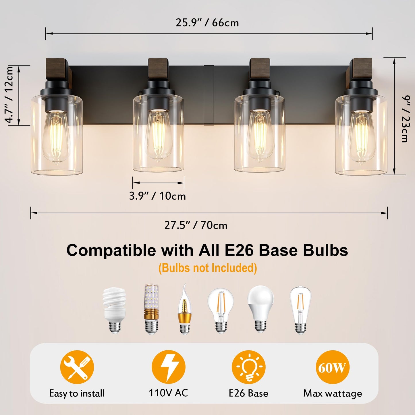 Farmhouse Bathroom Vanity Light Fixtures  Rustic 4-Light Wood Vanity Lights For Bathroom  Vintage Black Wall Sconces Lighting  Light Fixtures Over Mirror  With Glass Shade