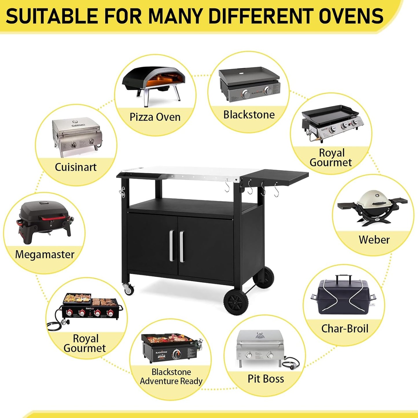 Outvita Outdoor Grill Cart with Storage, Bar Patio Kitchen Island Outdoor Grill Table, BBQ Cart Movable Pizza Oven Table Stand with Wheels, Stainless Steel Top, Side Handle & Storage Cabinet, Foldable