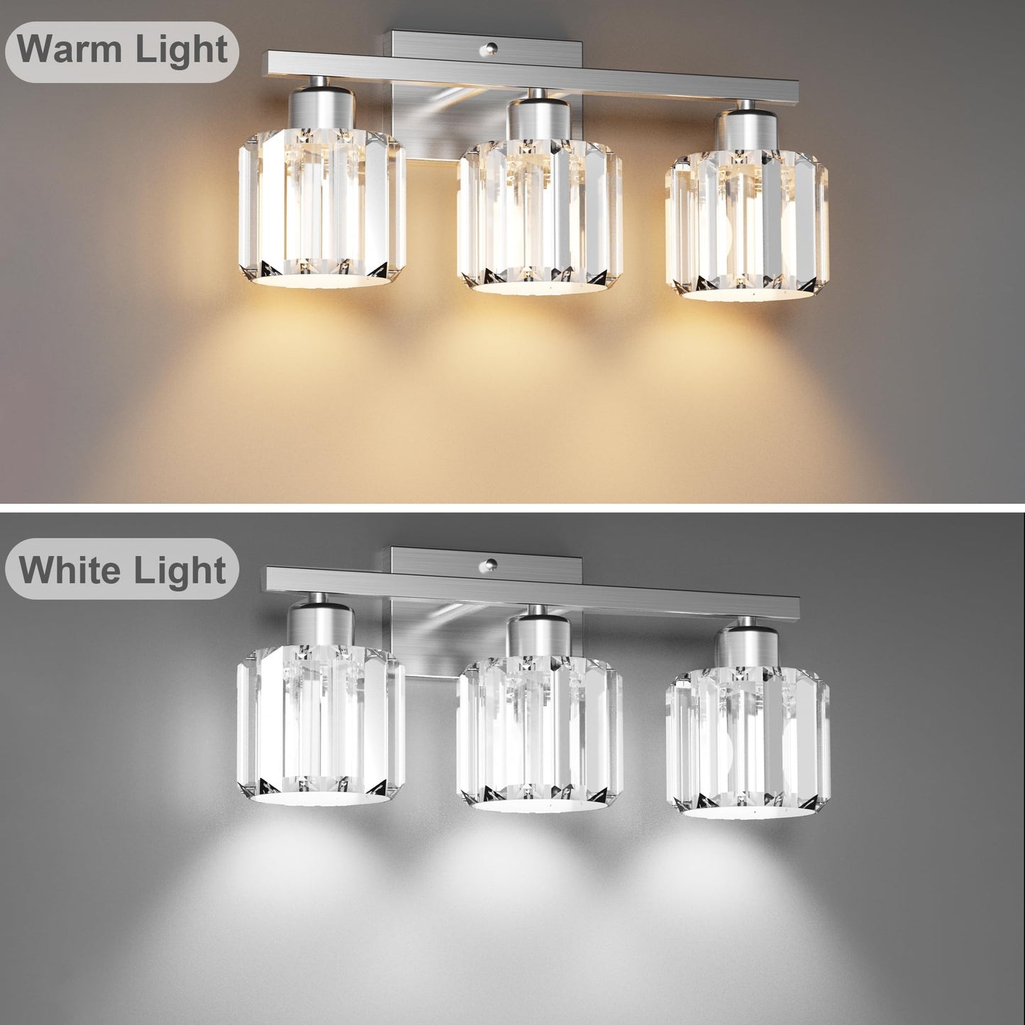 Golspark 3 Light Crystal Bathroom Vanity Light Fixtures Over Mirror  Brushed Nickel Modern Vanity Lighting Fixtures  Wall Sconce Bath Wall Light E26 Base Round Crystal Shades (Exclude Bulb)