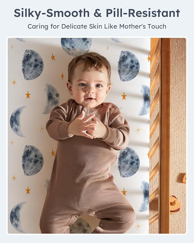 Pack and Play Sheets Fitted 3 Pack, Mini Crib Sheets for Pack N Play Mattress Stretchy Portable Playard Sheets, Soft Breathable Grey & Blue Moon