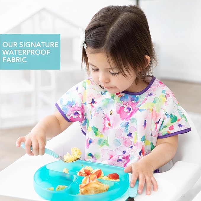 Bumkins - Junior Bib - For Boys & Girls, Toddlers & Kids 1-3 Years - Lightweight, Durable, Waterproof - Short Sleeve Bib - Catch-All Pocket - Wipeable & Machine Washable - Unicorns, 2-pack
