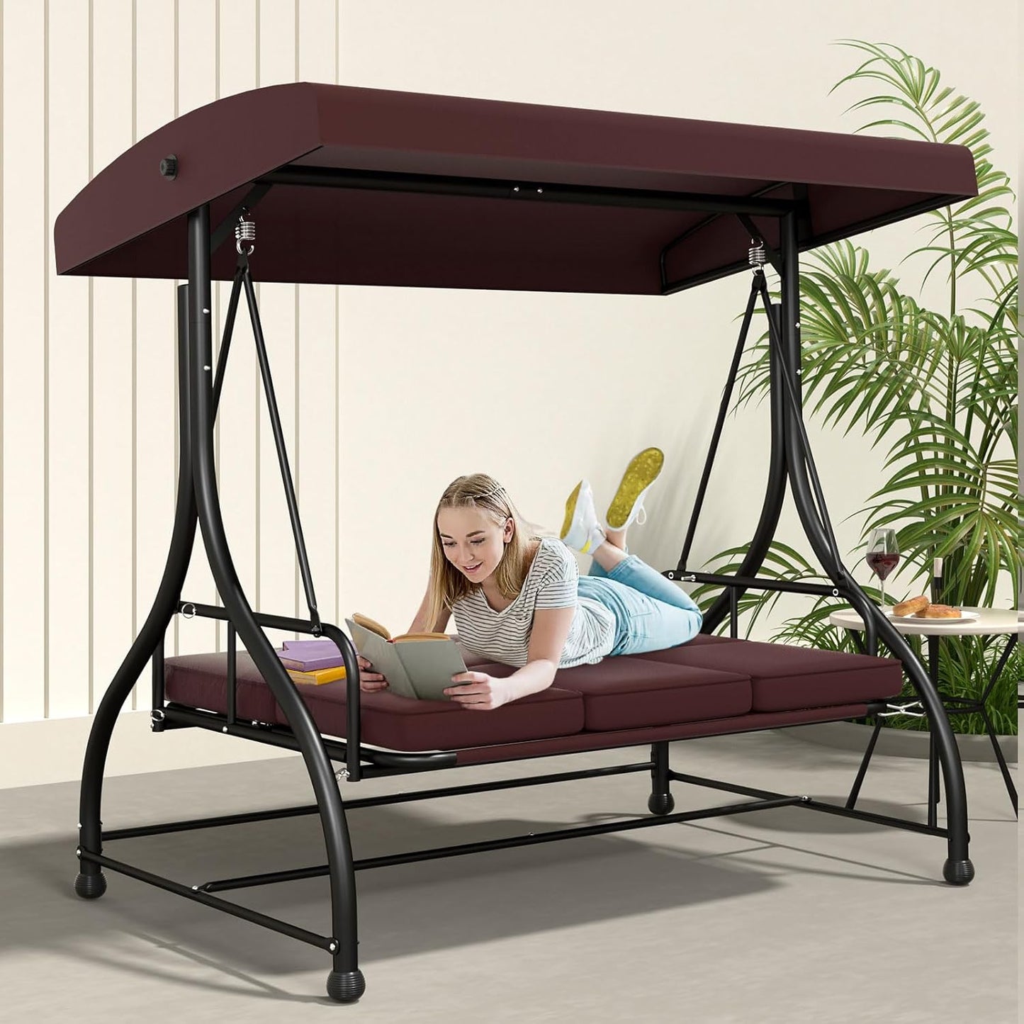 3 in 1 Porch Swing Chair with Adjustable Canopy Cover & Replacement Cushions, 3 Seat Patio Swings Bed with Heavy Duty Stand for Outdoor Backyard, Pools, Garden, Brown