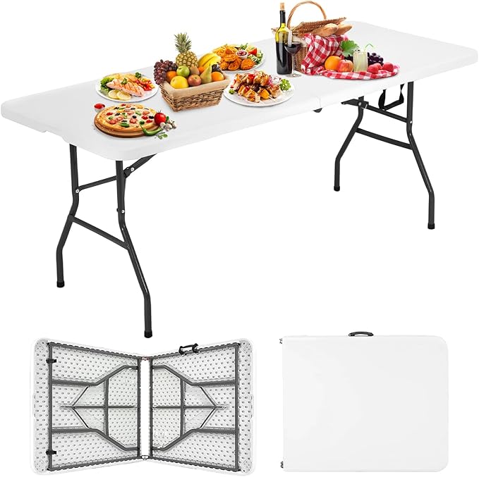 Dopinmin Folding Table 6FT Portable Heavy Duty Plastic Camping Table Foldable Tables Plastic Dining Tables Indoor Outdoor ...