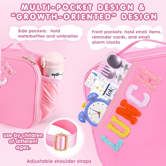 Lunch Bag Kids,Insulated Lunch Bag With Adjustable Shoulder Strap,Reusable Lunch Bag for Kids, Girls,Boys, lunch Bag Women,Preppy Lunch Box for School,Travel, Picnic (pink)