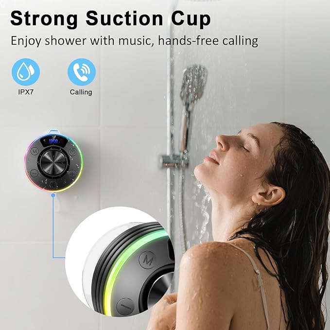 Bluetooth Speaker, Shower Speaker Portable with Hook, IPX7 Waterproof Bluetooth Speakers with Suction Cup, Digital/Time Display, Crystal Sound, Small Wireless Speakers for Outdoor Bathroom Gifts,Black