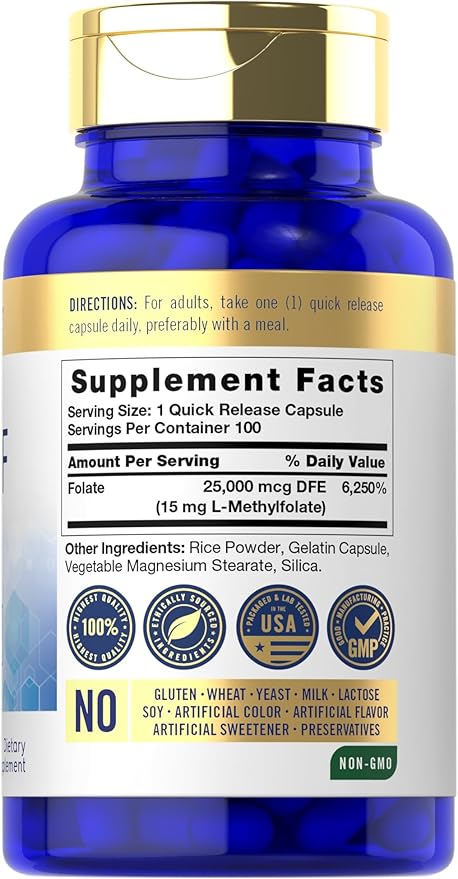 Carlyle 5-MTHF Supplement 15mg | 100 Capsules | L-Methylfolate | Non-GMO, Gluten Free | Premium Quality