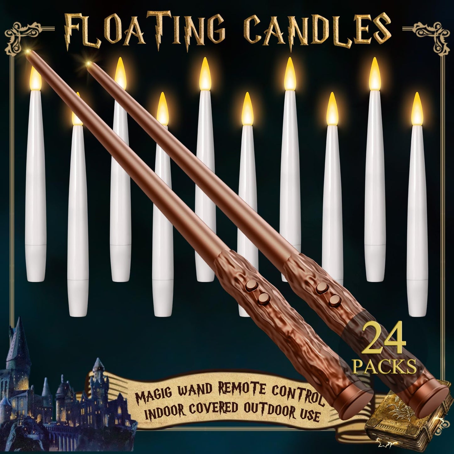 TLPUHU 24 Pack Floating Candles with Wand Remote -Christmas Hanging Candle,Magic Flameless Taper Candles Floating Lights Gifts for Halloween Decorations Wedding Birthday Party Decor