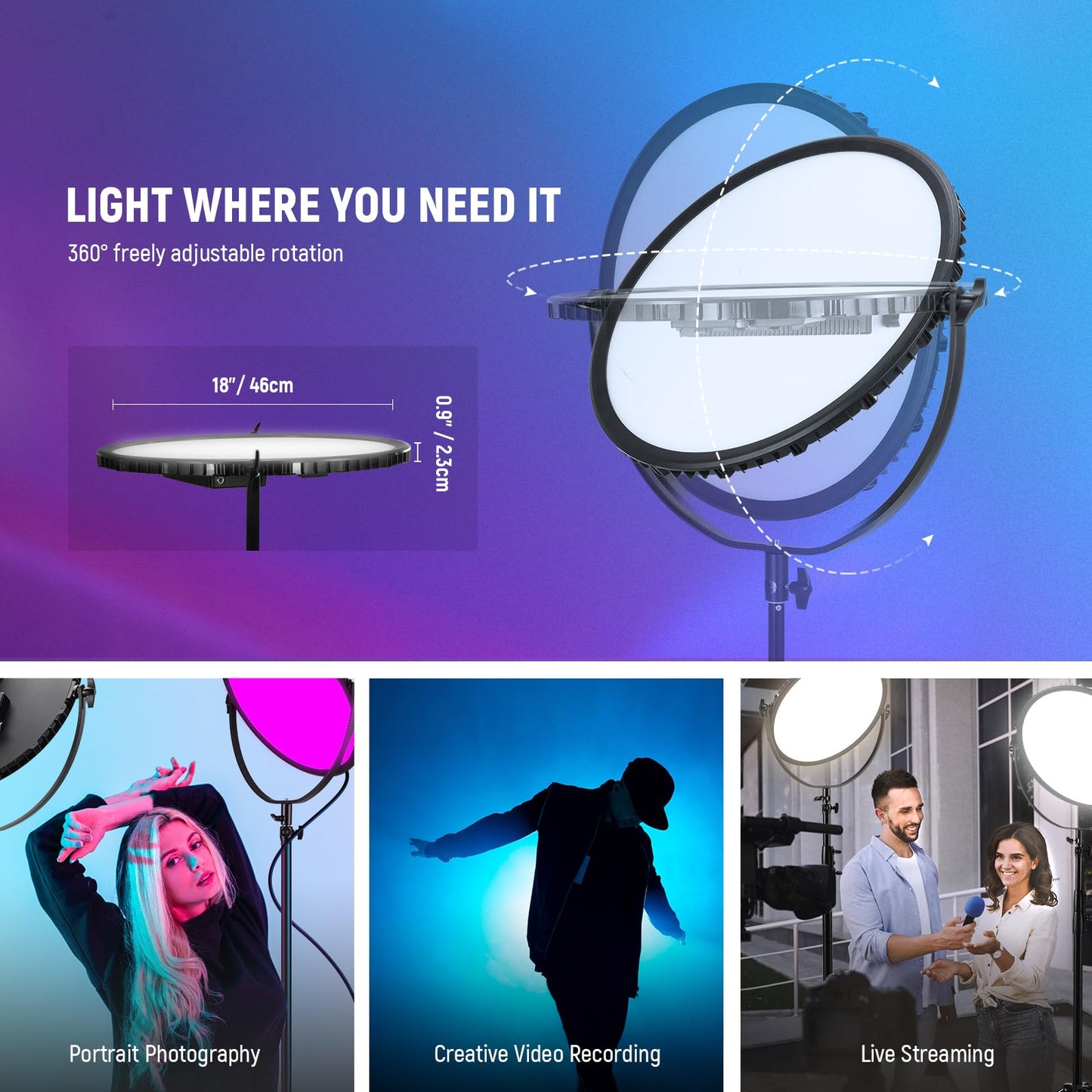 NEEWER 18" RGB LED Round Panel Video Light with APP Control, 65W 6000Lux/0.5m 2500K-8500K RGBCW Photography Studio Lighting /18 Scenes/V Battery Powered for Outdoor Filming Recording Streaming, GR18C