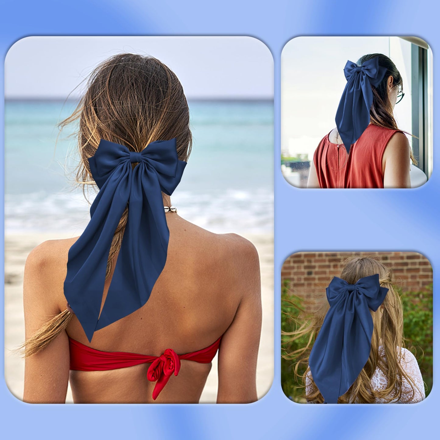 Hair Bows for Women, 2Pcs Navy Blue Bow Hair Clips for Girls, Silky Satin Hair Bows Clips Long Tail, Large Hair Barrettes Cute A