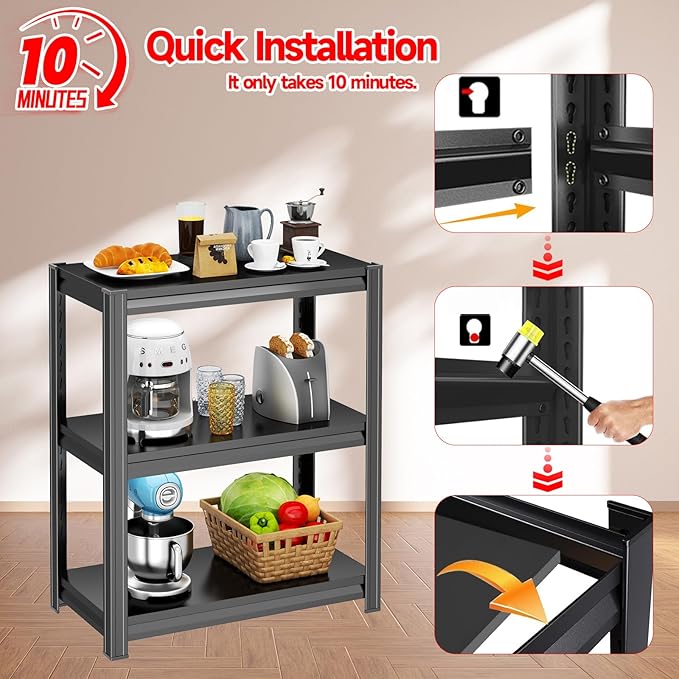Kitchen Storage Shelves, 3 Tier Adjustable Shelf Organizer, 31.5”High Kitchen Shelving, Reinforced Design Pantry Shelf, Kitchen Appliance Storage, for Pantry and Garage, Black