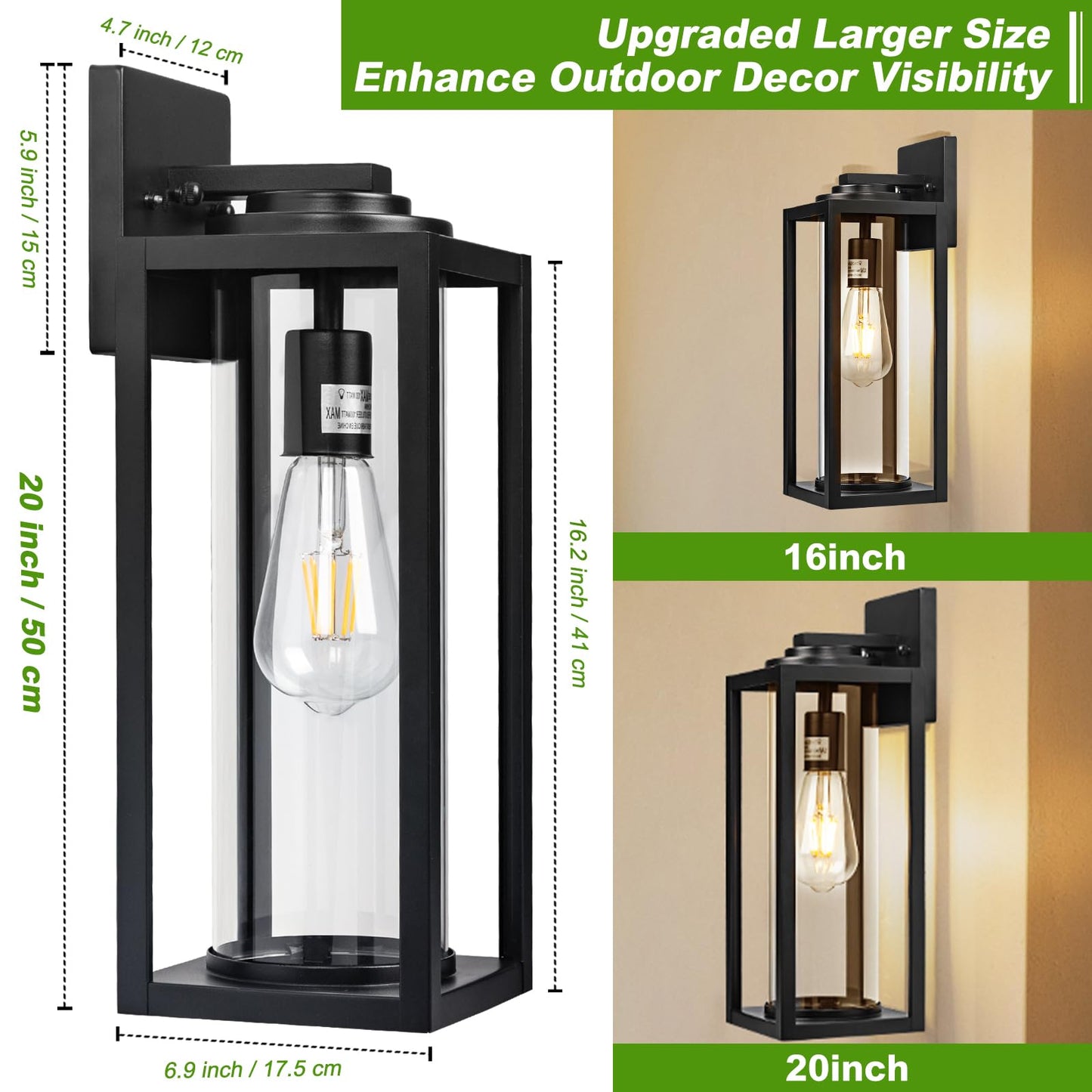 Filiyano 20Inch Large Outdoor Wall Lights - 2 Packs Modern Black Exterior Light Fixture With Clear Glass Shade  Waterproof Porch Lighting For House  Farmhouse Sconces Lantern For Front Door  Garage