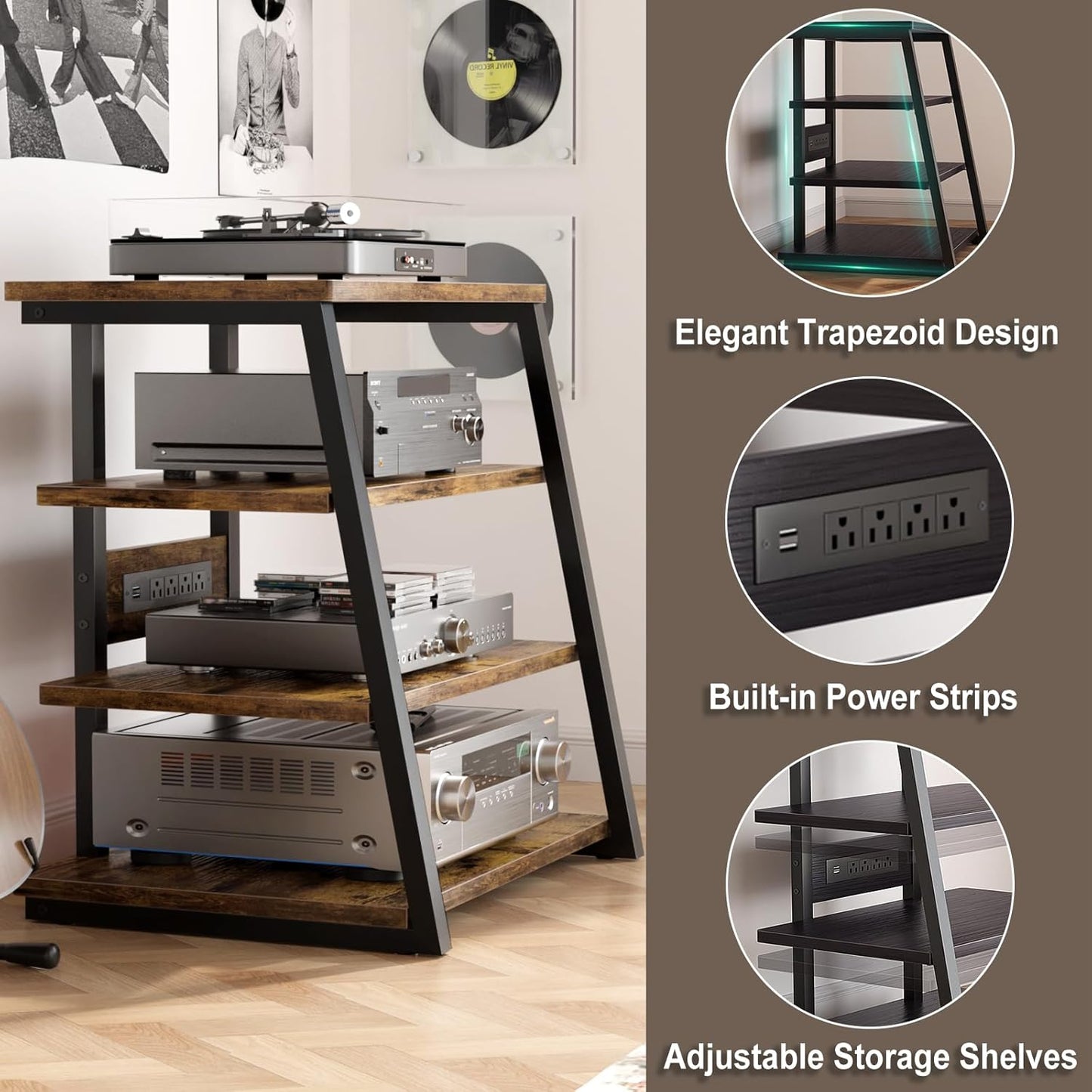 Armocity 4-Tier AV Media Stand with Power Strips, Stereo Stand with LED Lights, Audio Tower Rack with Adjustable Shelves, Small Entertainment Center, 30'', Rustic Brown