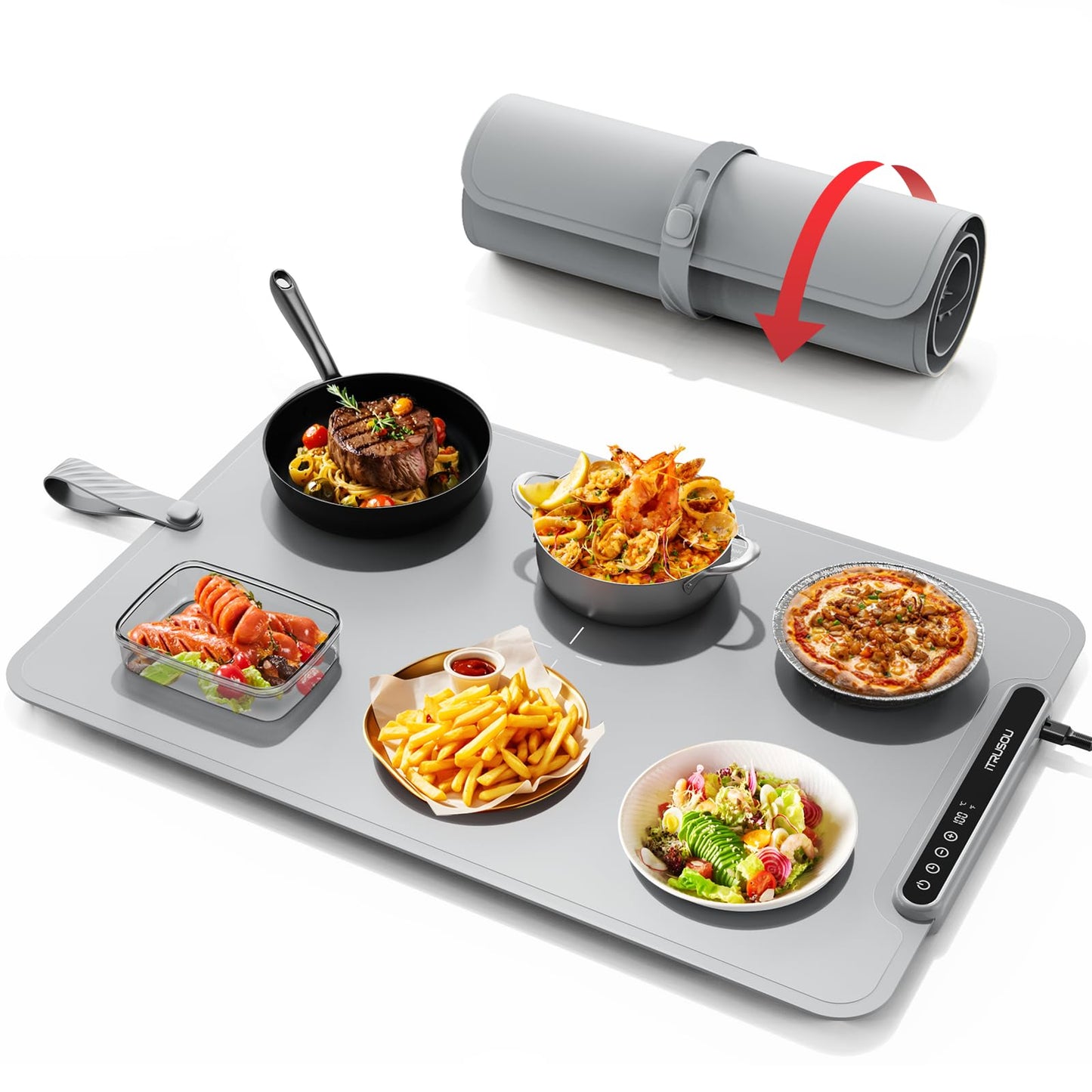 Warming Mat for Food, iTRUSOU Electric Warming Tray 99H Continuous Heat,7 Temp Settings,Patented Full-Surface Heating,°F/°C Switch,Flexible Roll-Up Food Warmers for Parties Buffet,Everyday Use