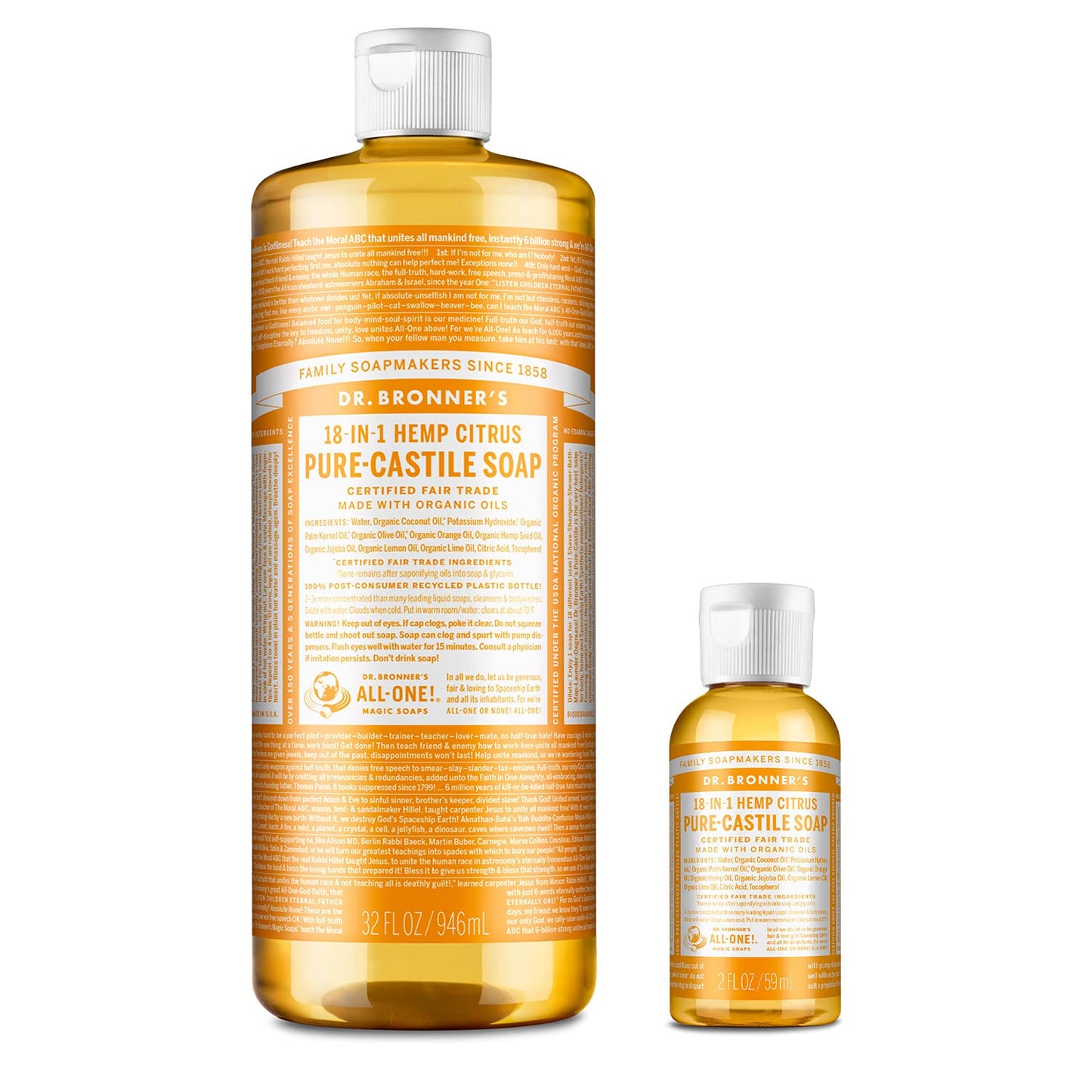 Dr. Bronner's Pure-Castile Liquid Soap - Citrus Bundle. 32 oz. Bottle and 2 oz. Travel Bottle