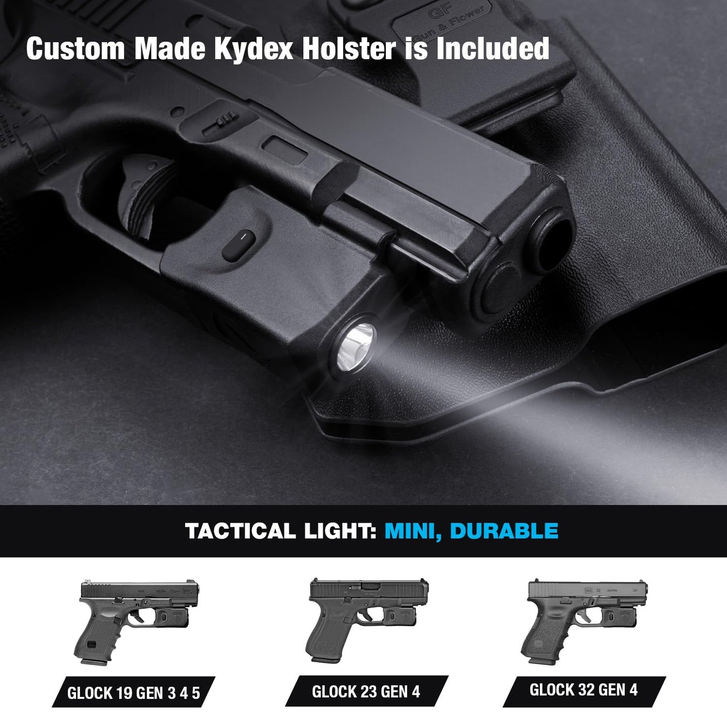 GUN & FLOWER IWB Kydex Holster with 150 Lumen LED Flashlight, Right Hand Draw, D-kydex Holster+Light, Compatible with Glock 17/19