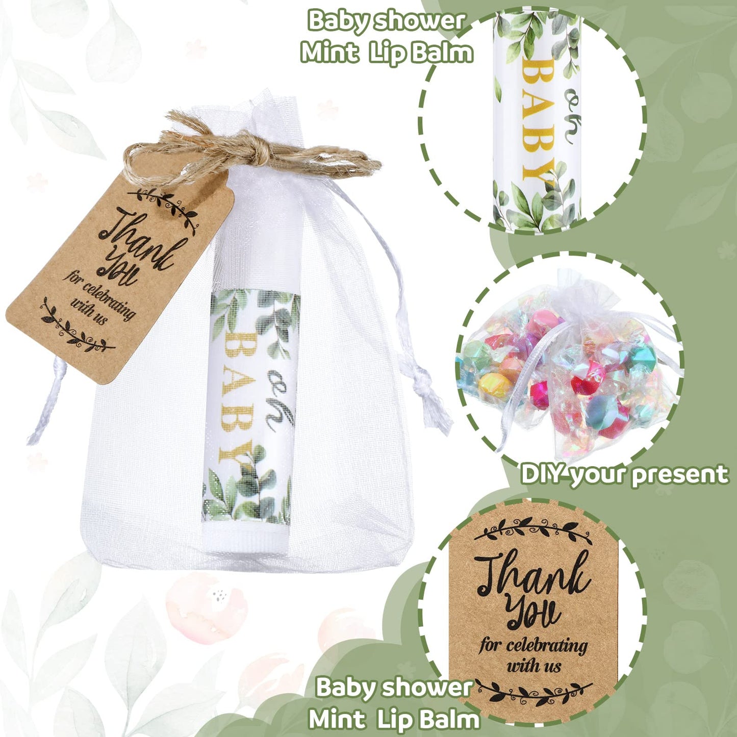 50 Pcs Sage Green Baby Shower Lip Balm Gift Set with 100 Pcs Organza Bag Eucalyptus Baby Shower Favor for Guest Greenery Leaf Li