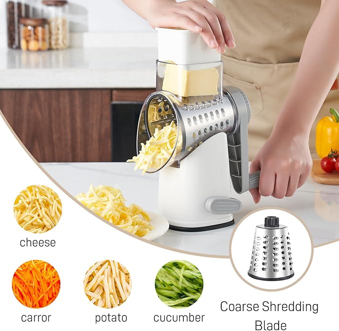 Rotary Cheese Grater with 4 Blades, Hand Crank Cheese Grater with Waffle Slicer, Black and White Cheese Slicer with Suction Base, Easier for Shredding& Grating (White and Grey, 4 Graters)