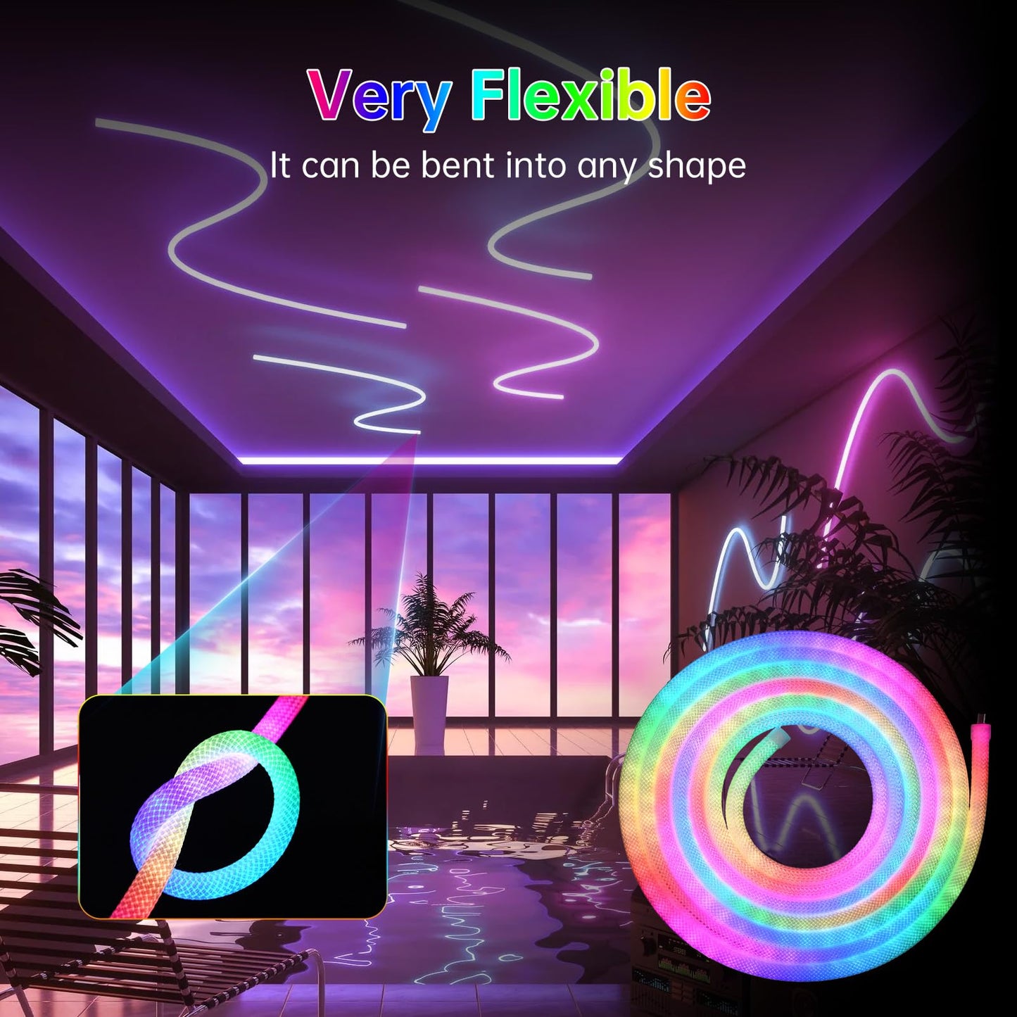 MALIIGAZA LED Rope Lights, 9.84ft RGB Neon Strip, 5V USB, IP67 Waterproof, Music Sync, Remote APP Control, White