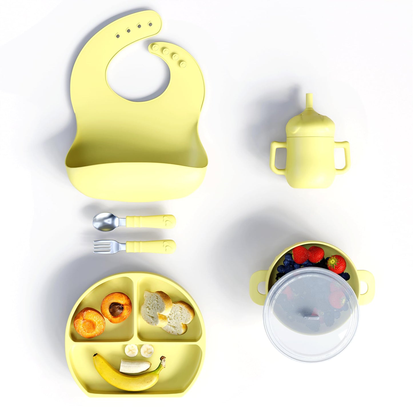 mimi & kiki BPA-Free Silicone Baby Feeding Set, Baby Plates and Bowls Set, Baby Led Weaning Supplies, Silicone Suction Plate, Baby Utensils, Bib and Cup, Self Feeding, Dishwasher Safe (Yellow)
