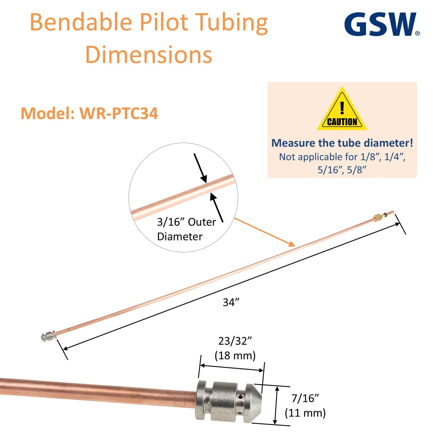 GSW WR-PTC34 3/16"OD x 34"L Bendable Pilot Tubing with Pilot Tip, Nut & Sleeve, Chinese Wok Range Accessory for Commercial Restaurant Kitchen Gas Equipment