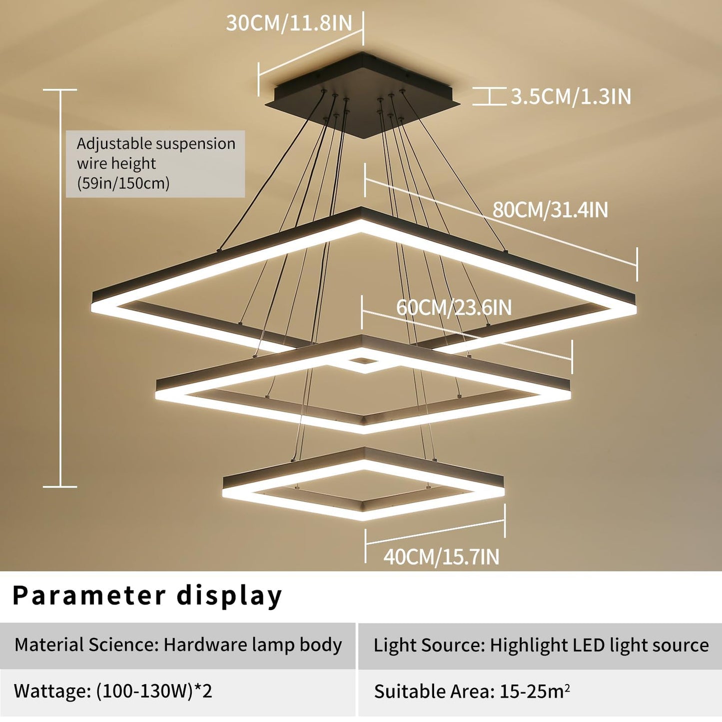 Matven Ceiling Chandelier, Remote Control, Dimmable 3 Color Modes, 15.7+23.6+31.4in, Black, Aluminum Pendant Light Fixture