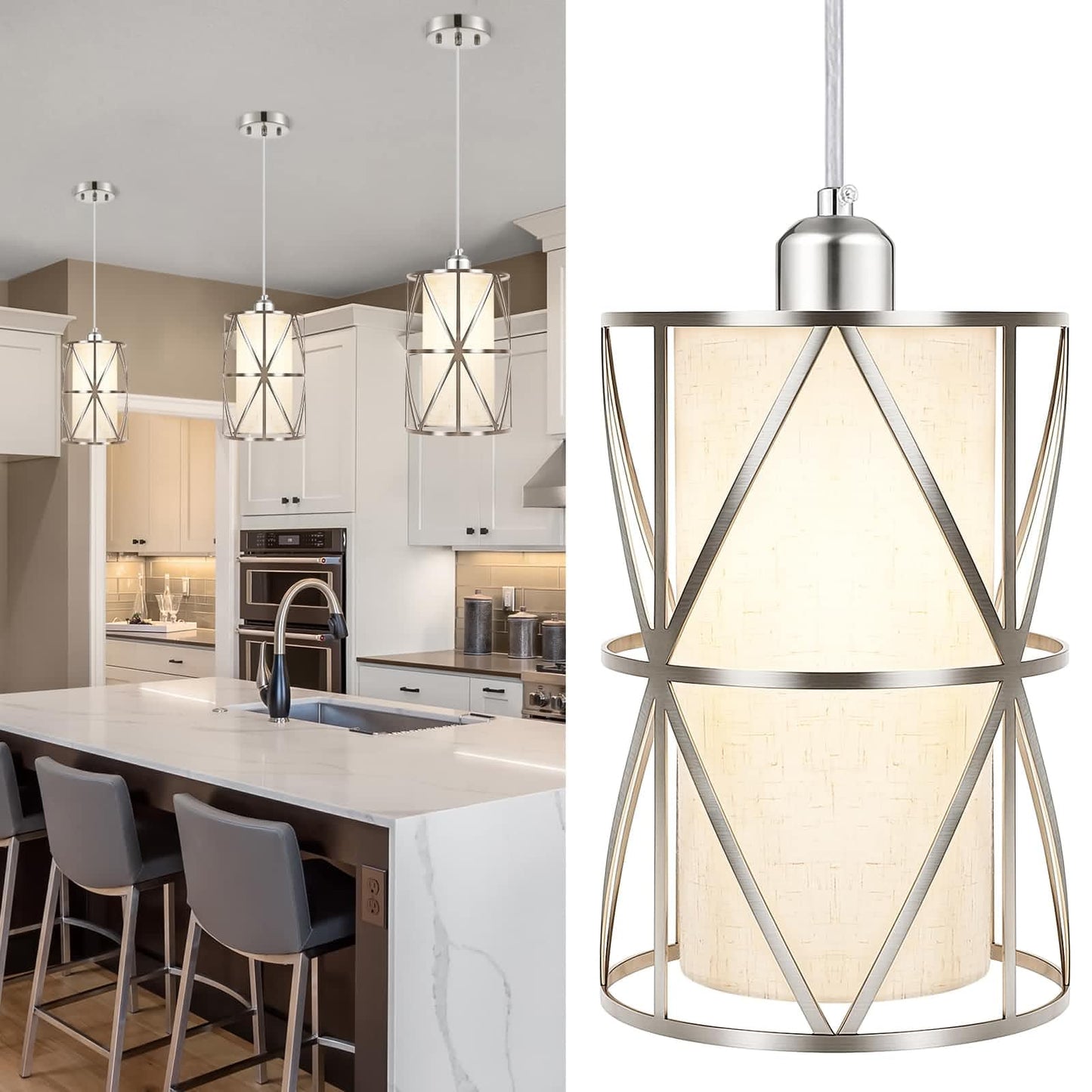 Zlierop Modern Pendant Light - Adjustable Height, Brushed Nickel, Linen Shade, 7inx10in, UL Certified
