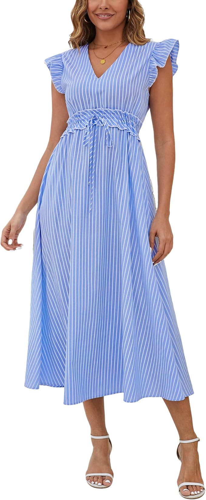 Bsubseach 2026 Cap Sleeve Cover Up Women Striped V Neck Beach Maxi Dress Drawstring Bathing Suit Coverups Swimwear
