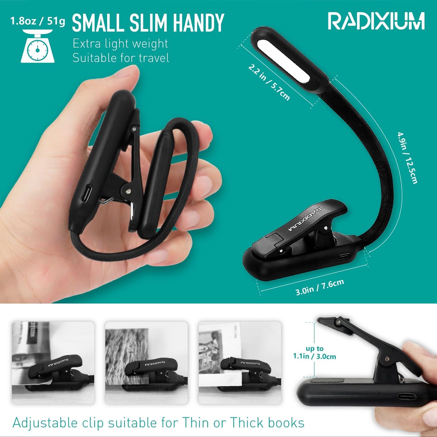 Radixium Rechargeable Book Light For Reading - 9Led Eye-Caring Clip Light W/ 9 Color Temp  Stepless Dimming  50H Battery  Usb-C  Ultra Slim - Gift For Book Lovers (Black)