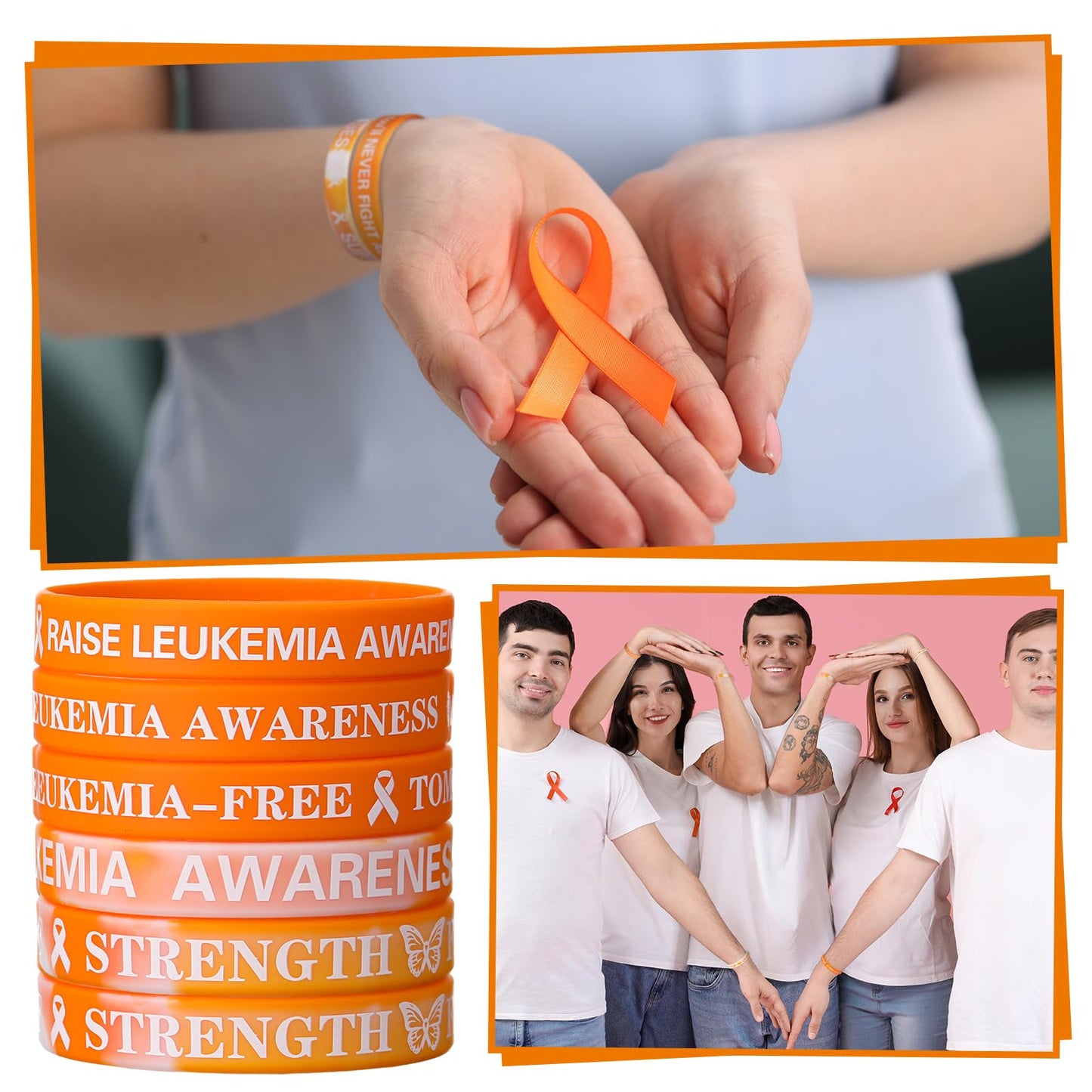 PullCrease 100 Pcs Leukemia Awareness Wristbands Bulk 10 Styles Orange Ribbon Silicone Bracelets Leukemia Awareness Wristbands w