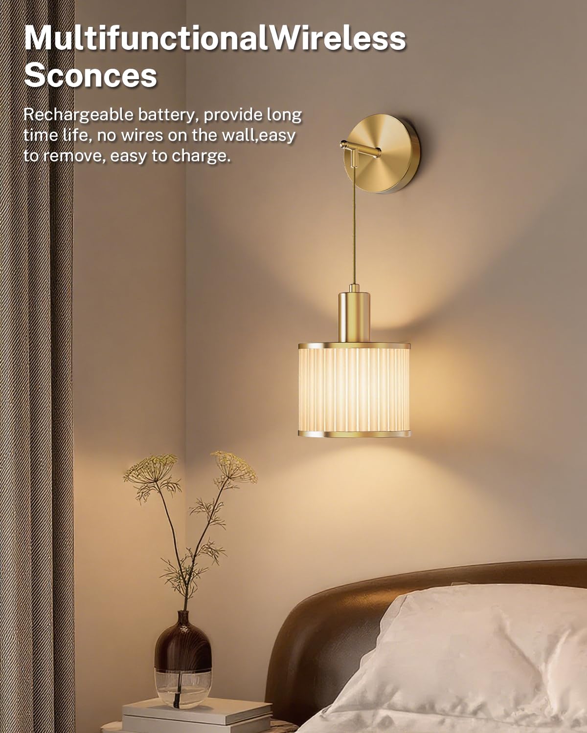 SAIMAND Battery Operated Wall Sconce Set of 2, Wireless Rechargeable LED Lamps, Dimmable, Gold + Beige, Model 001