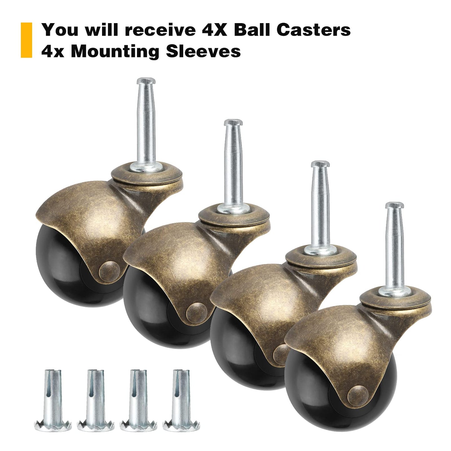 Brass Vintage Antique 2" Ball Caster Wheels - Set of 4 Heavy Duty, 5/16" x 1 1/2" (8 x 38mm) Wheels with Sleeve for Furniture, Chairs, Cabinets