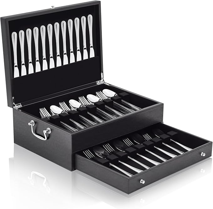 Leather Silverware Storage Box Flatware Storage Case with Felt Lined Leather Flatware Chest Silverware Organizer with Lid for Tableware Utensils Silver(2 Layer)