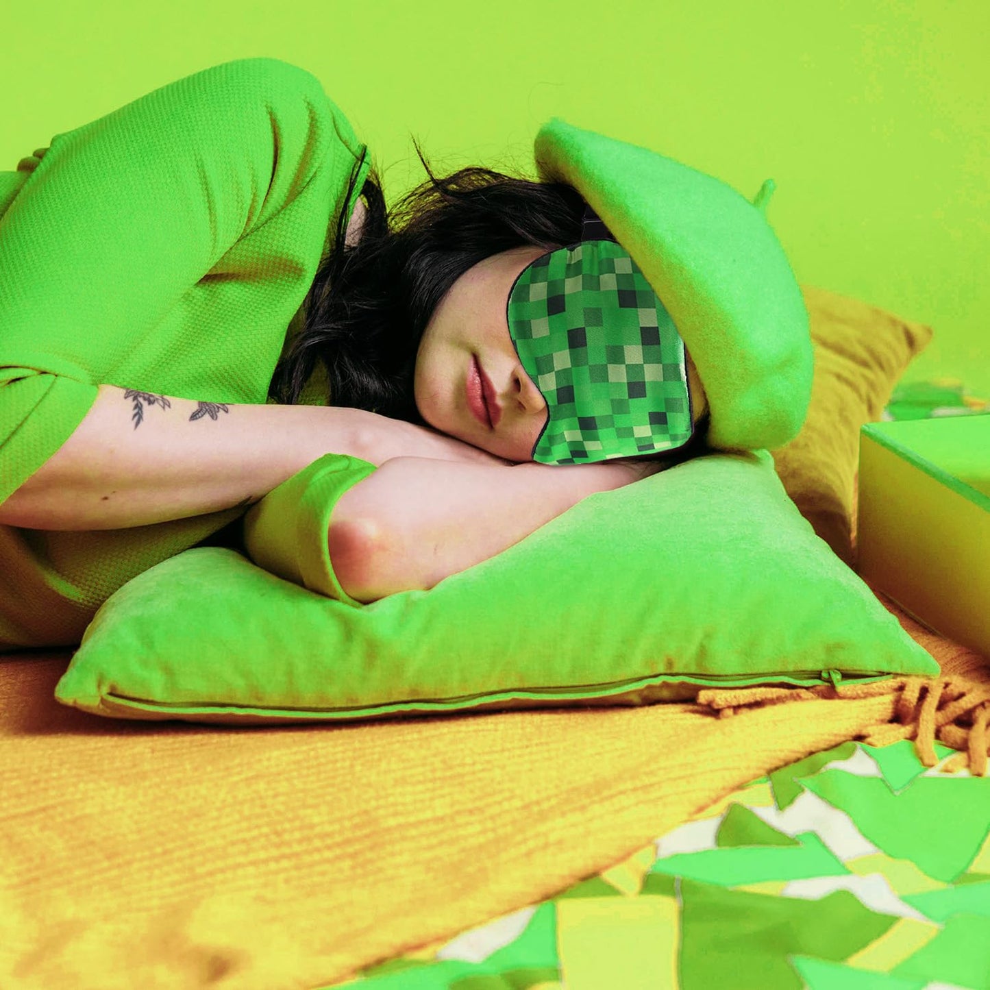 Pixel Themed Sleep Mask, Blackout Green Video Game Theme Eye Mask for Sleeping with Adjustable Elastic Strap Soft & Breathable Eye Cover for Boys Kids Men Home Office Travel Party Accessories