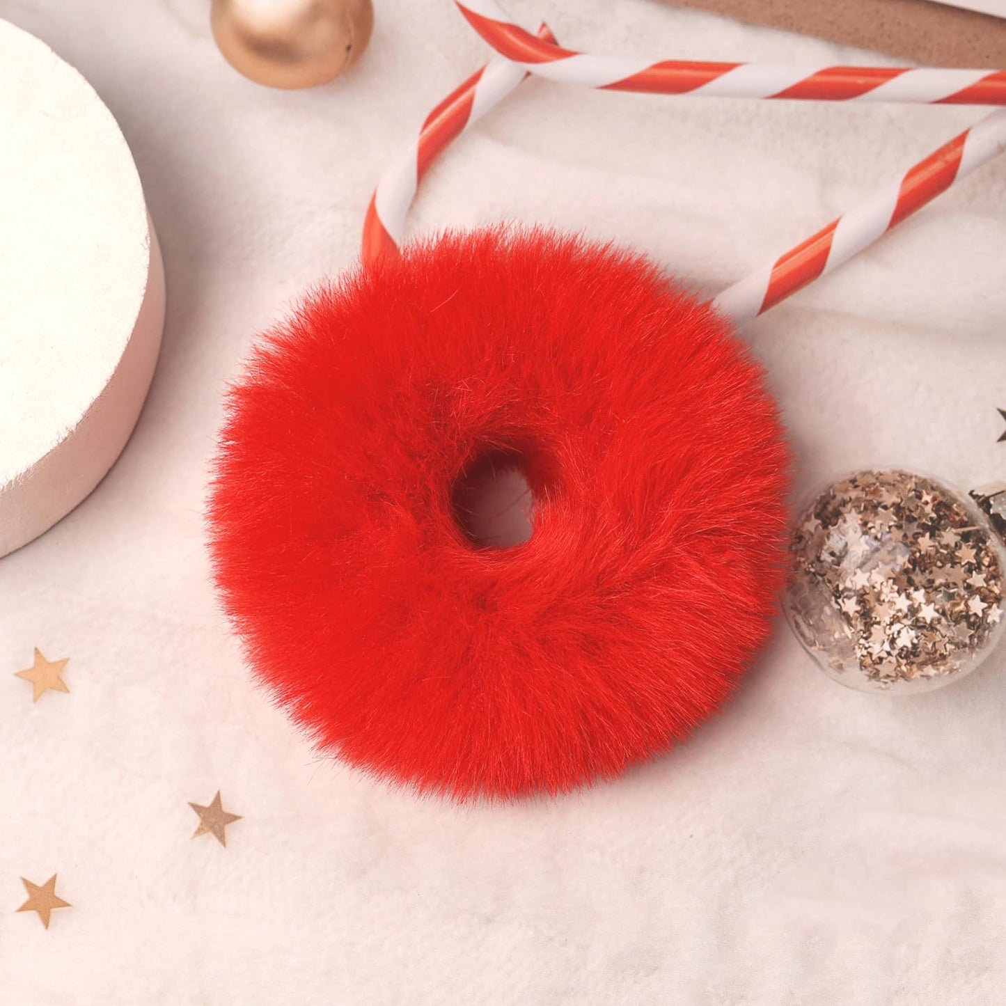 Furling Pompoms 2pcs Pack Furry Faux Fur Hair Scrunchies Artificial Fur Hair Bobbles Elastic Hair Band Rope Wristband Ponytail A